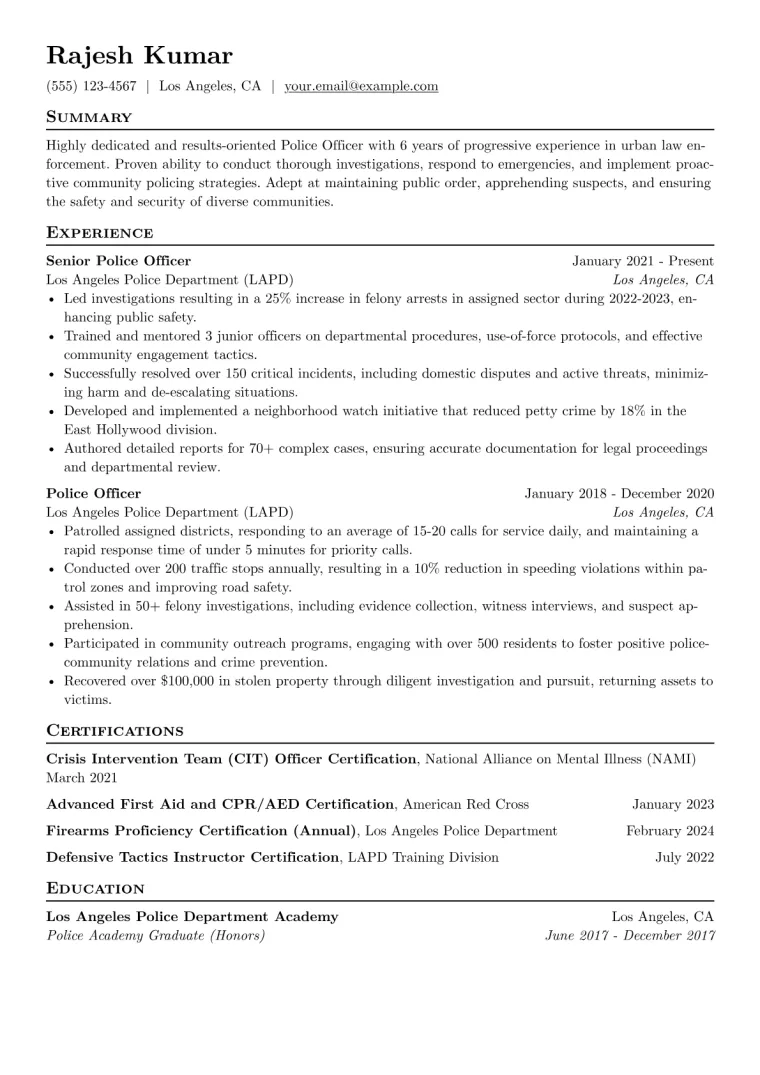 Police Resume Example CV template preview