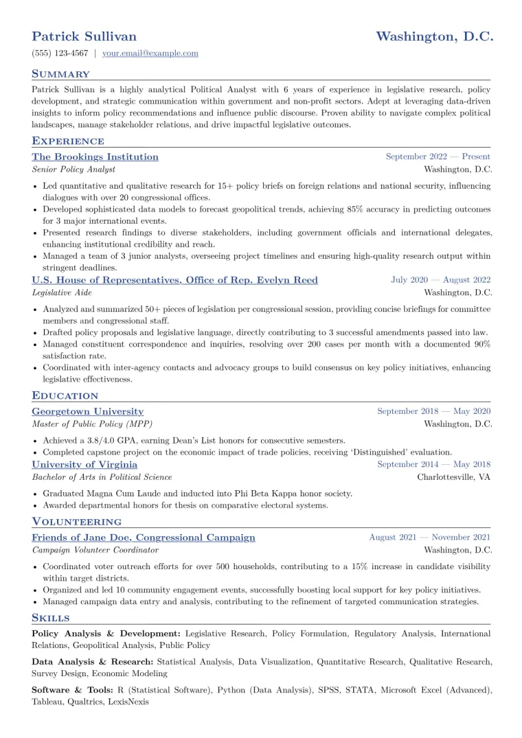 Political Analyst Resume Example CV template preview