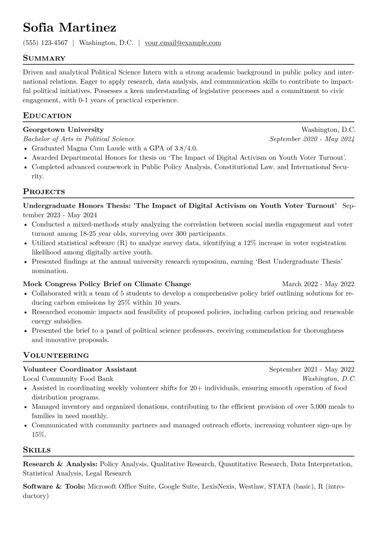 Political Science Intern Resume Example CV template preview