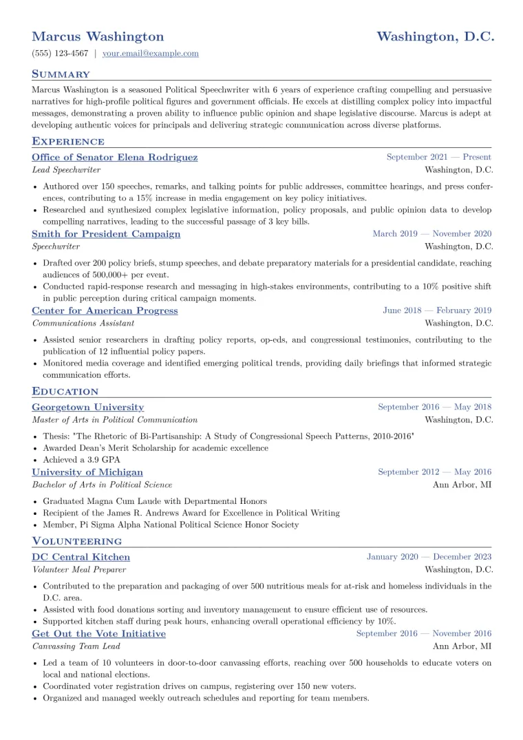 Political Speechwriter Resume Example CV template preview