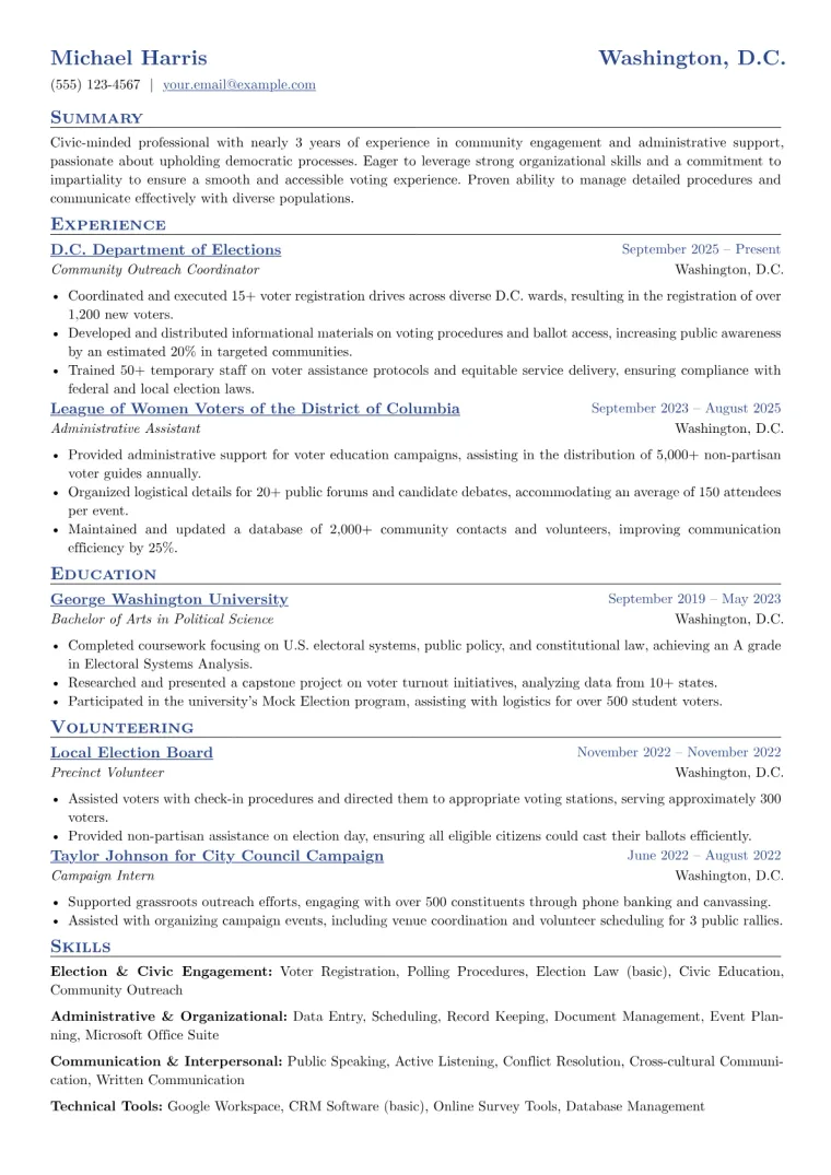 Poll Worker Resume Example CV template preview