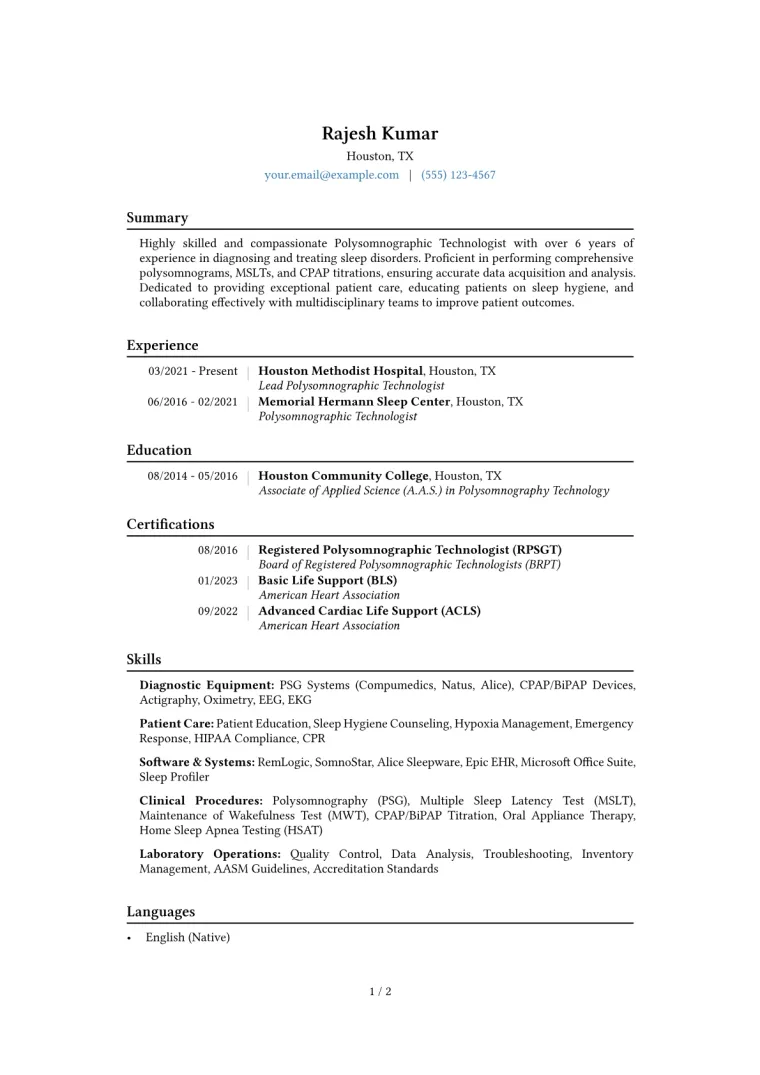 Polysomnographic Technologist Resume Example CV template preview