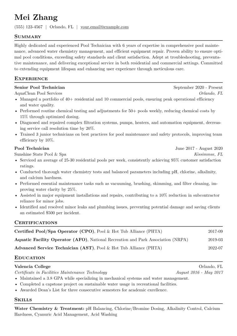 Pool Technician Resume Example CV template preview