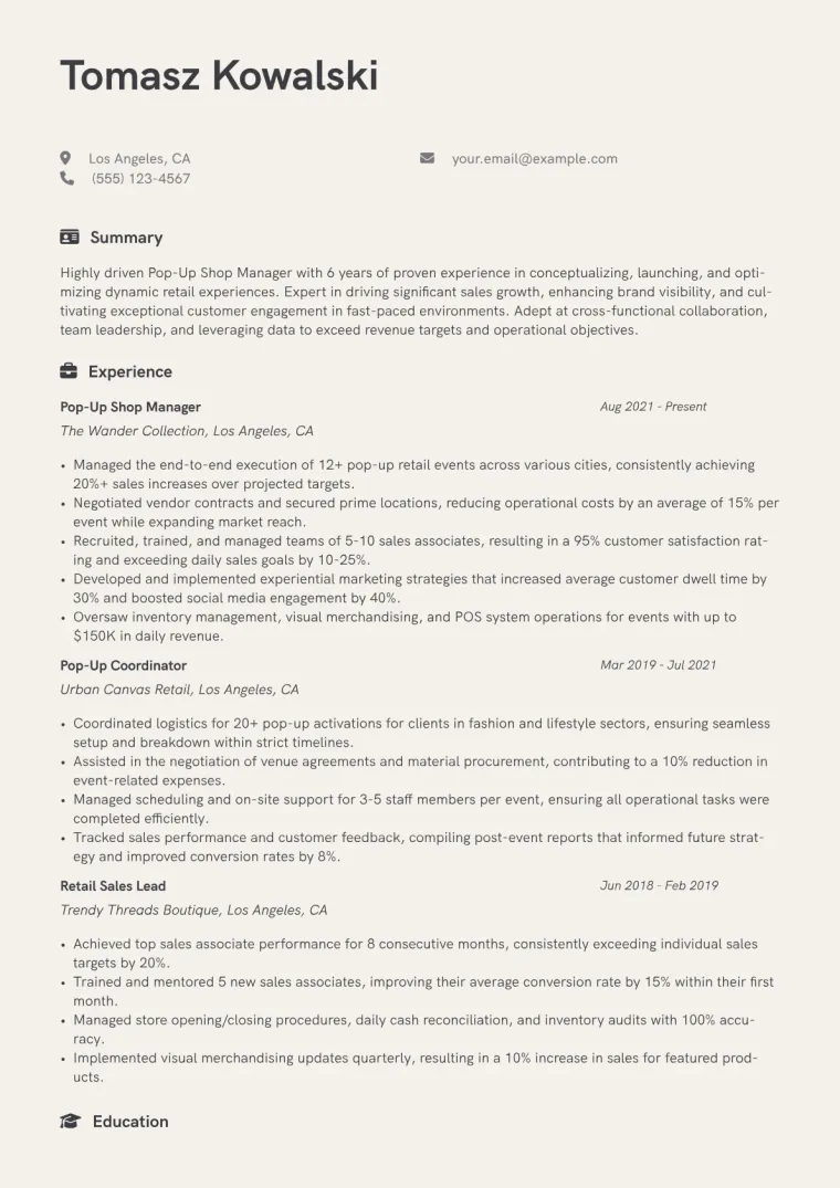 Pop-Up Shop Manager Resume Example CV template preview