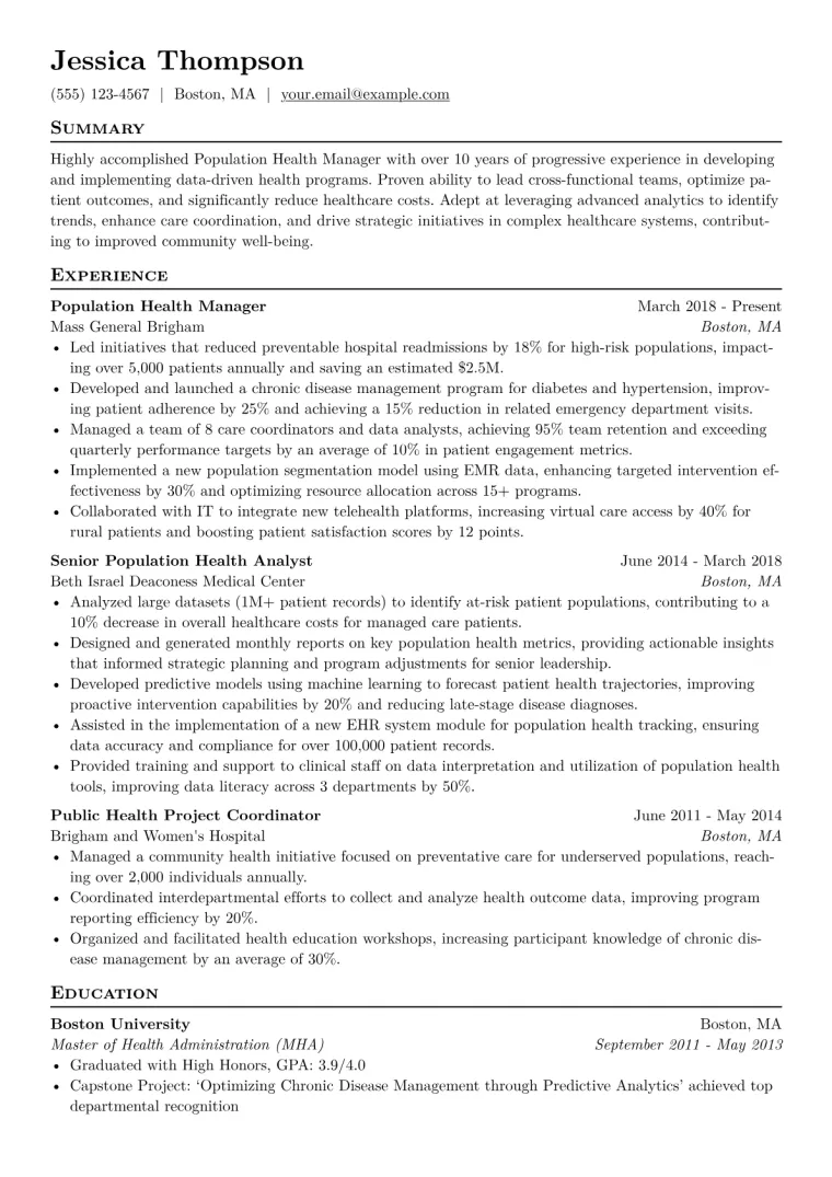 Population Health Manager Resume Example CV template preview