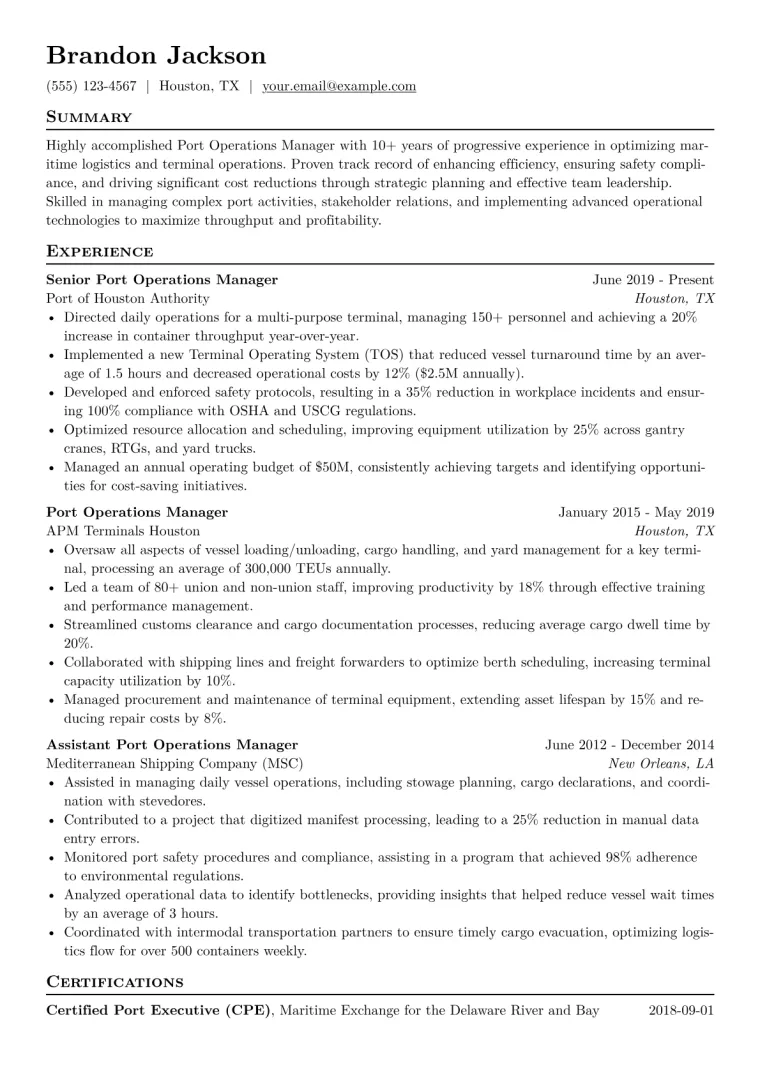 Port Operations Manager Resume Example CV template preview