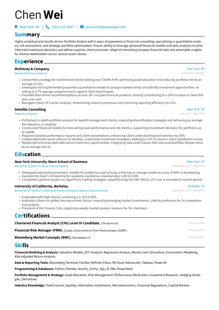 Portfolio Analyst Resume Example CV template preview