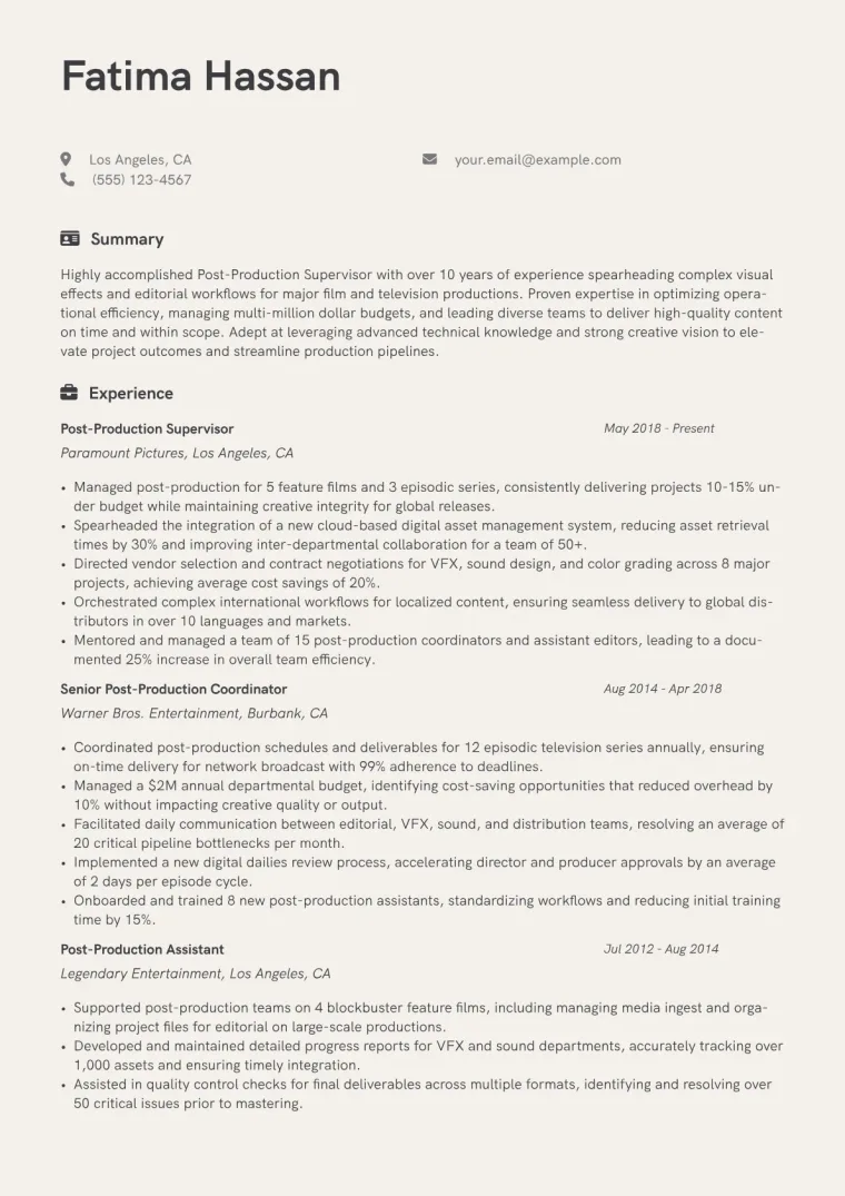 Post-Production Supervisor Resume Example CV template preview
