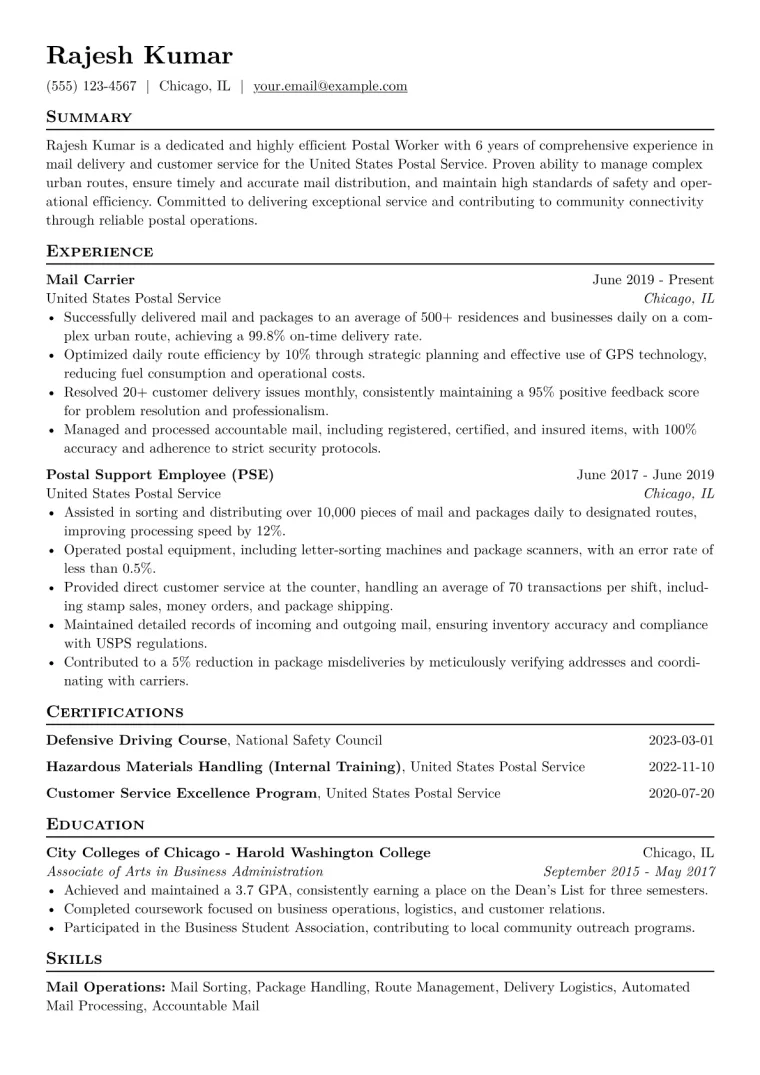 Postal Worker Resume Example CV template preview
