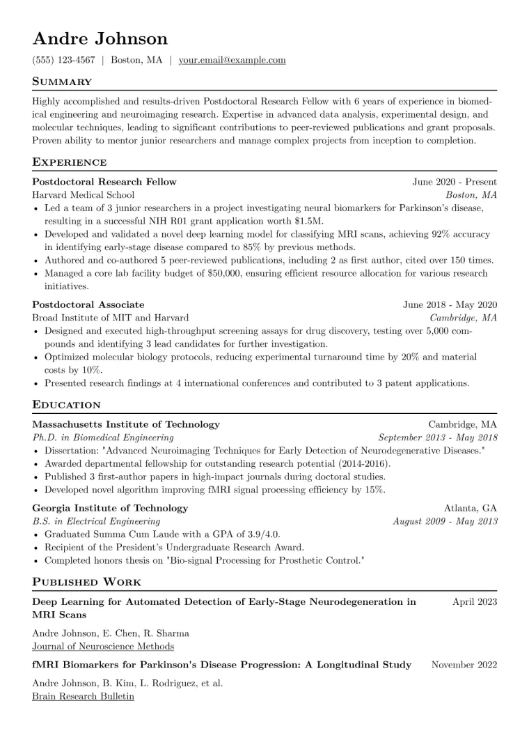 Postdoc Resume Example CV template preview