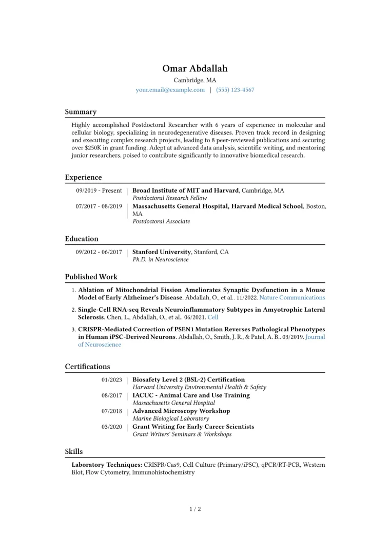 Postdoctoral Researcher Resume Example CV template preview