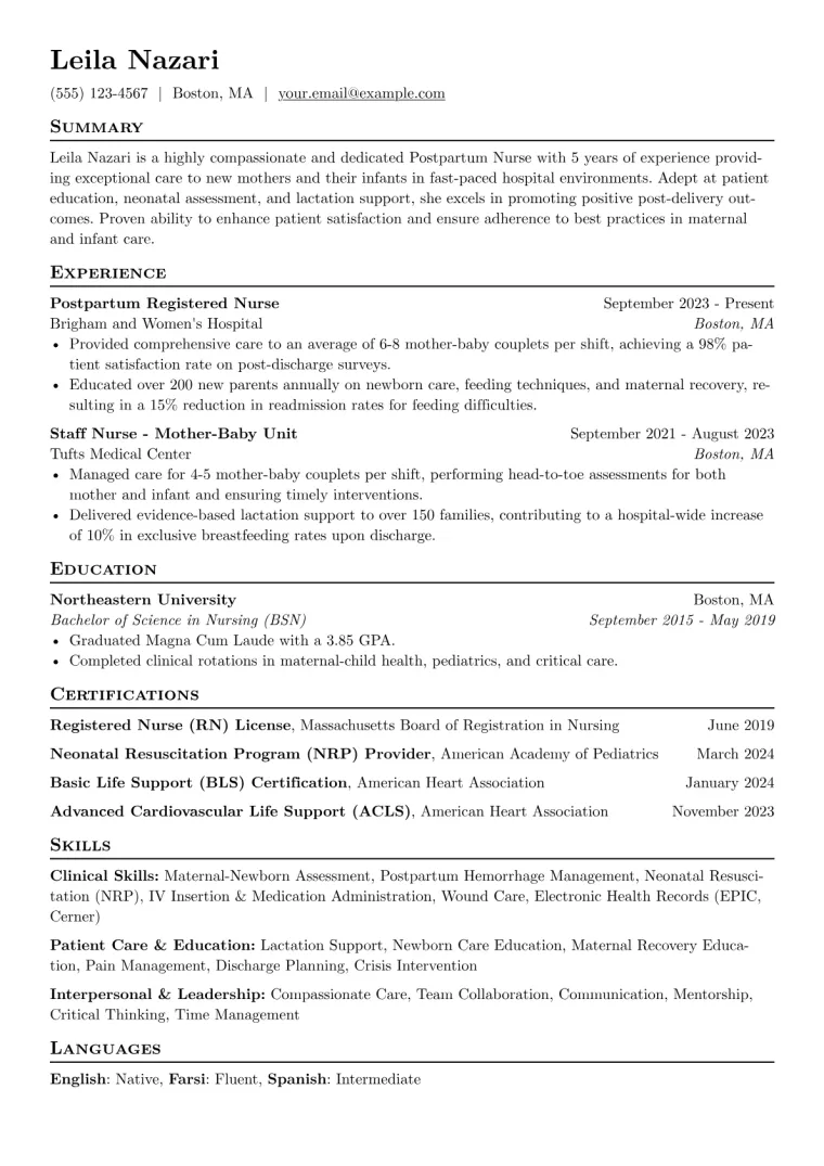 Postpartum Nurse Resume Example CV template preview