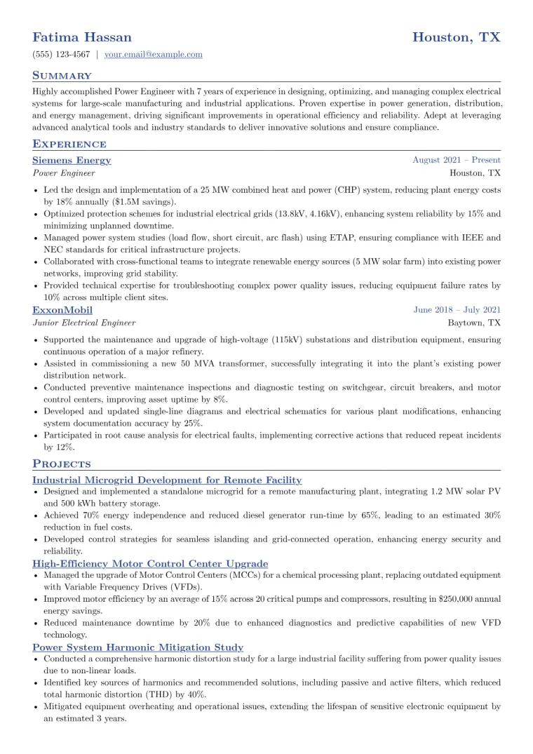 Power Engineer Resume Example CV template preview