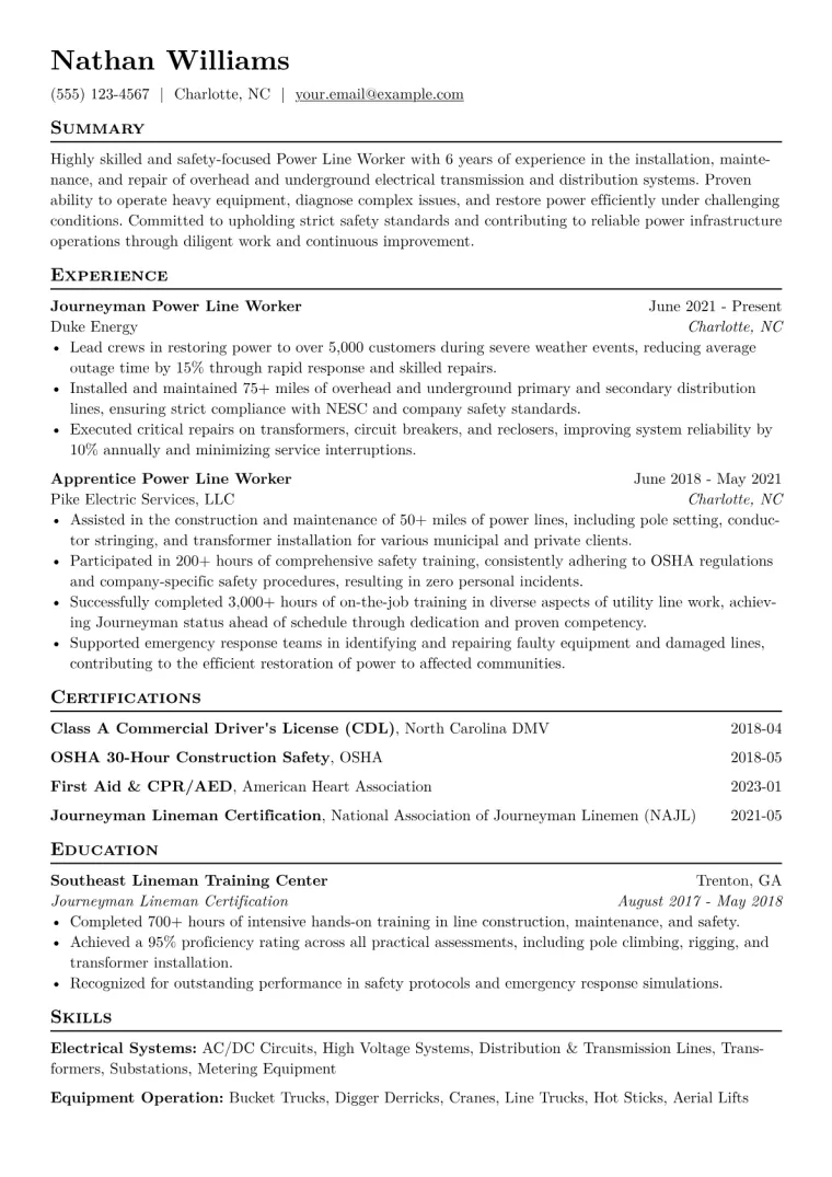Power Line Worker Resume Example CV template preview