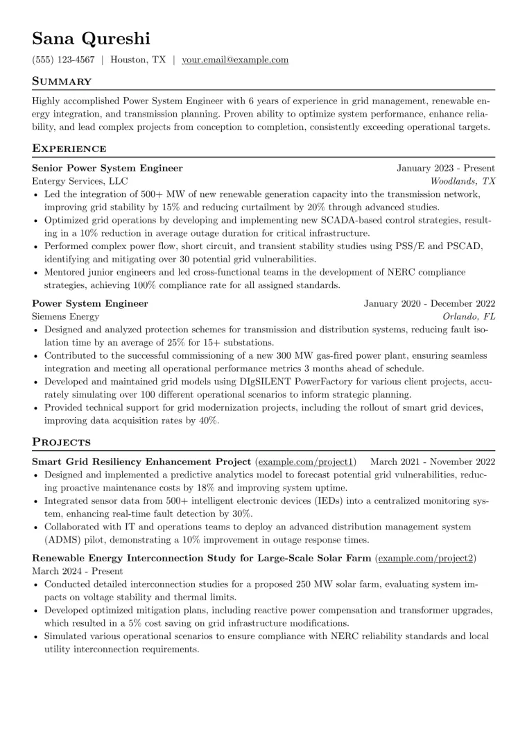 Power System Engineer Resume Example preview