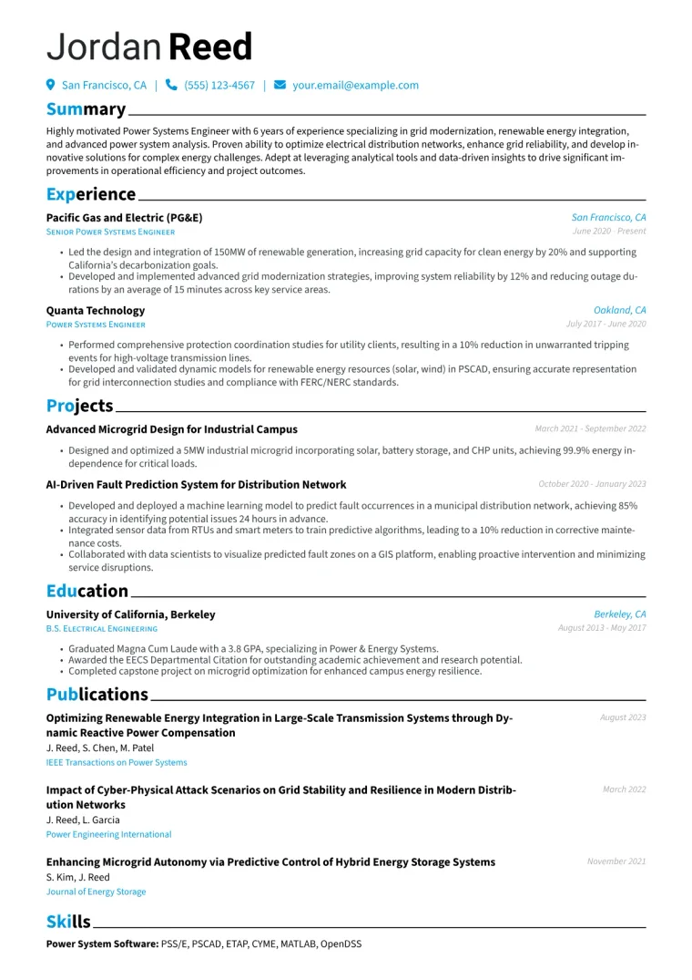Power Systems Engineer Resume Example CV template preview