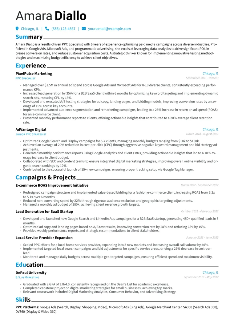 PPC Specialist Resume Example CV template preview