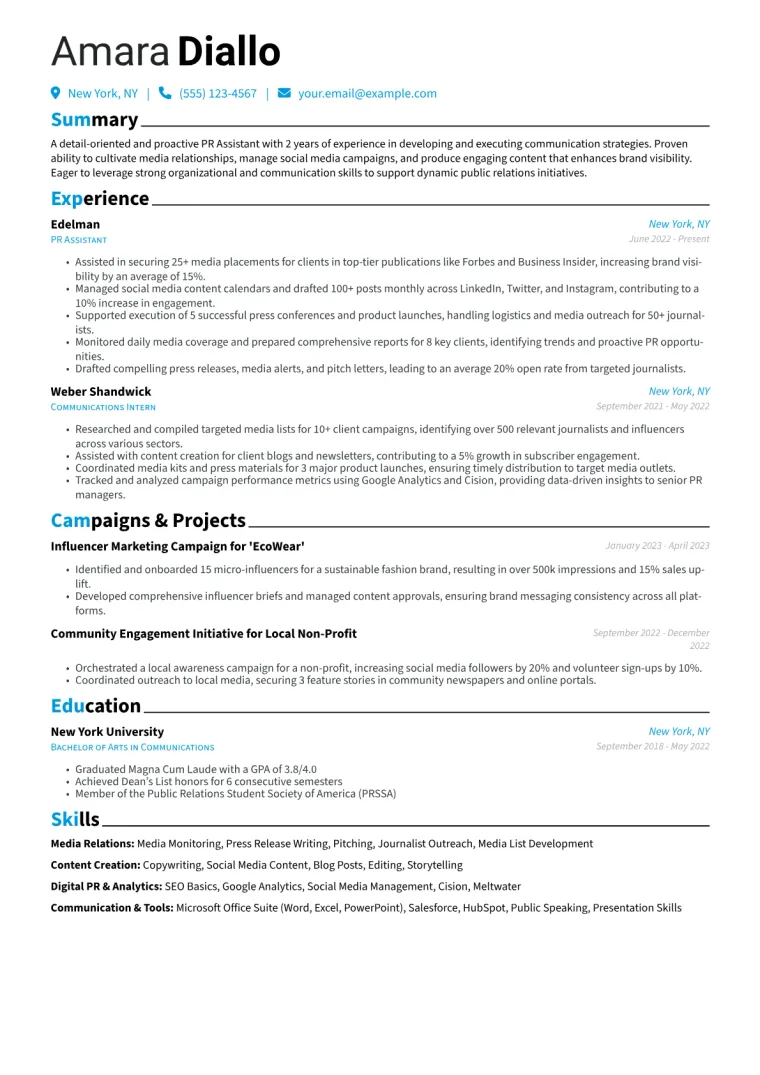 PR Assistant Resume Example CV template preview