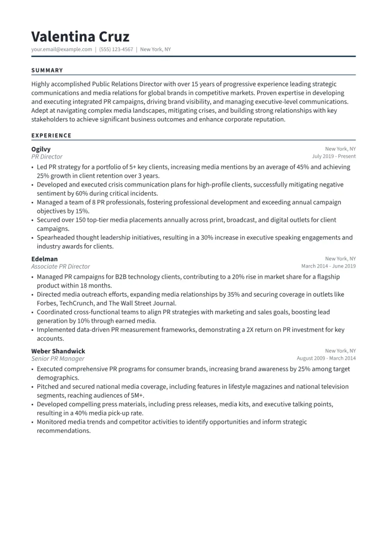 PR Director Resume Example CV template preview