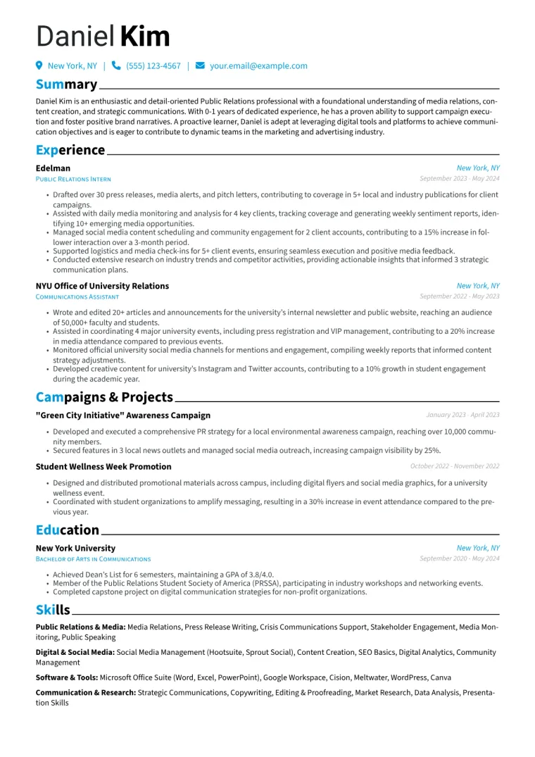 PR Intern Resume Example CV template preview