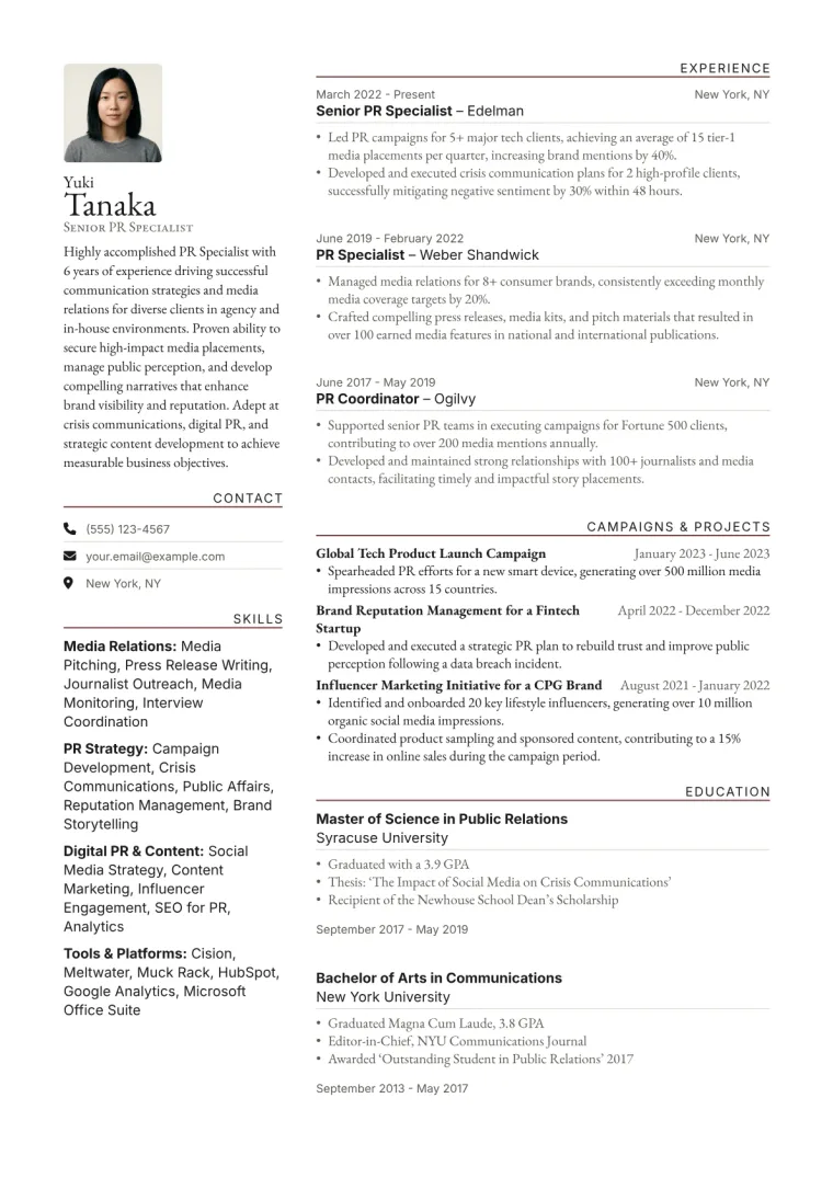 PR Specialist Resume Example CV template preview