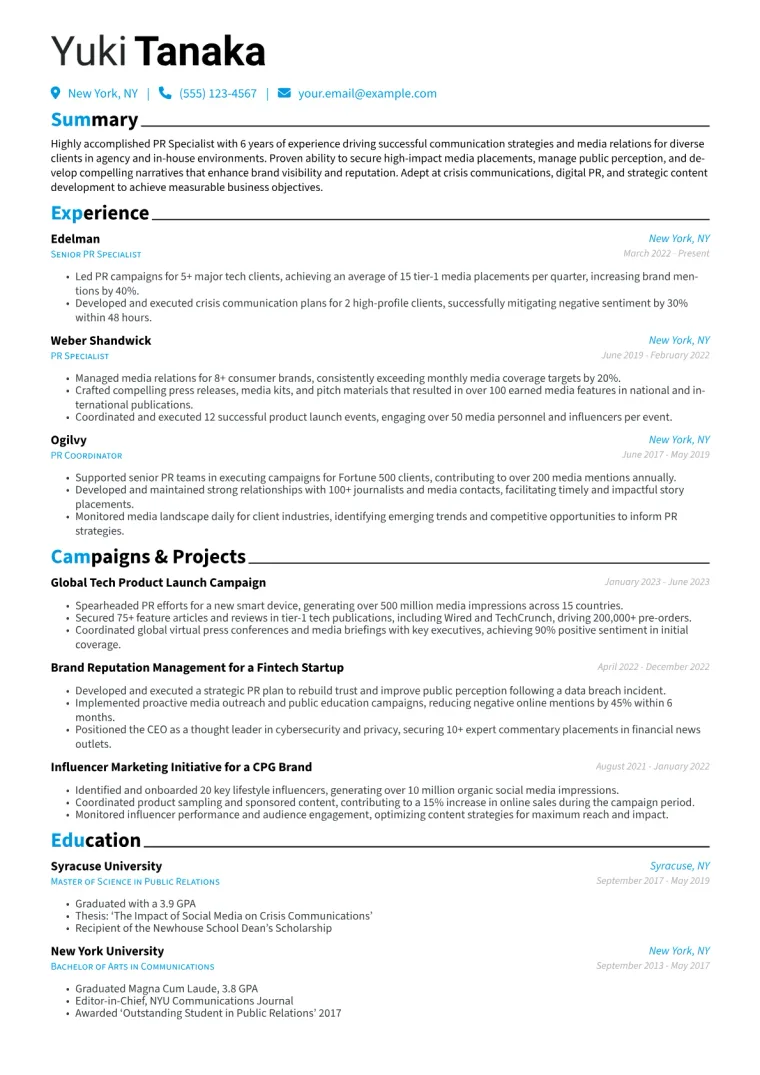 PR Specialist Resume Example CV template preview