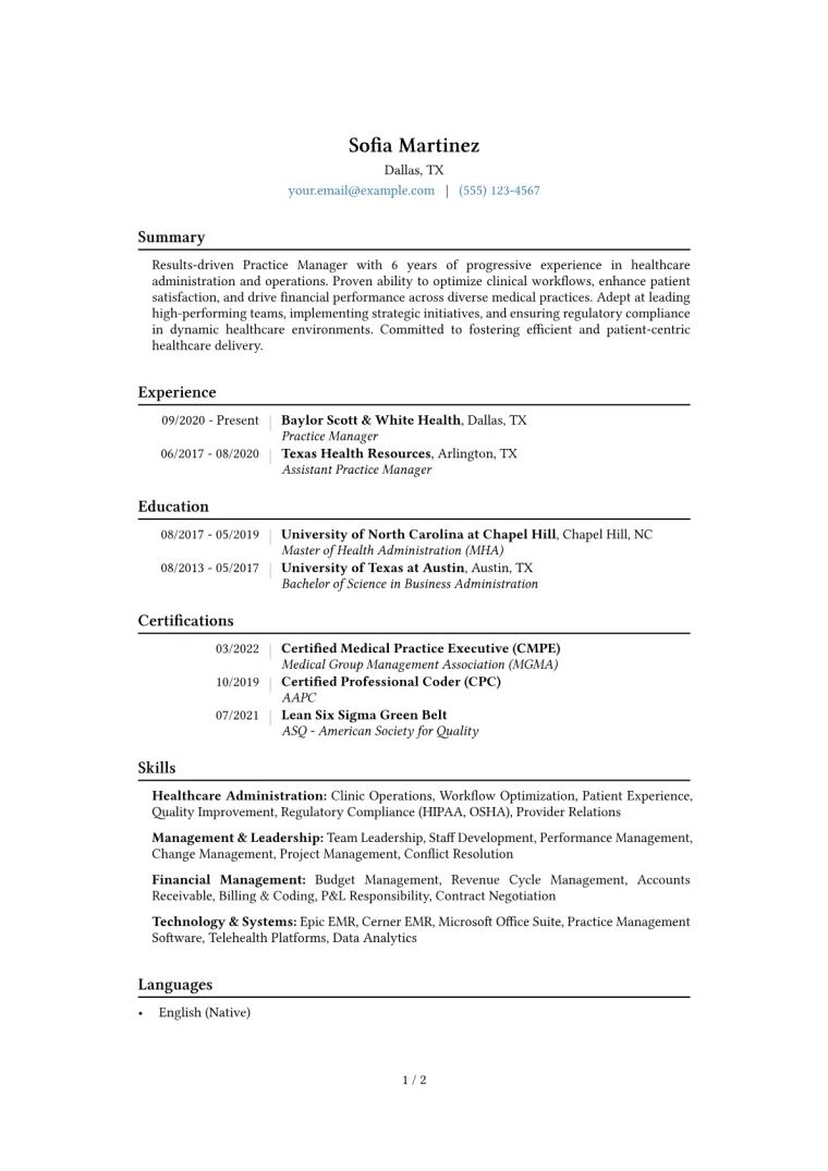 Practice Manager Resume Example CV template preview