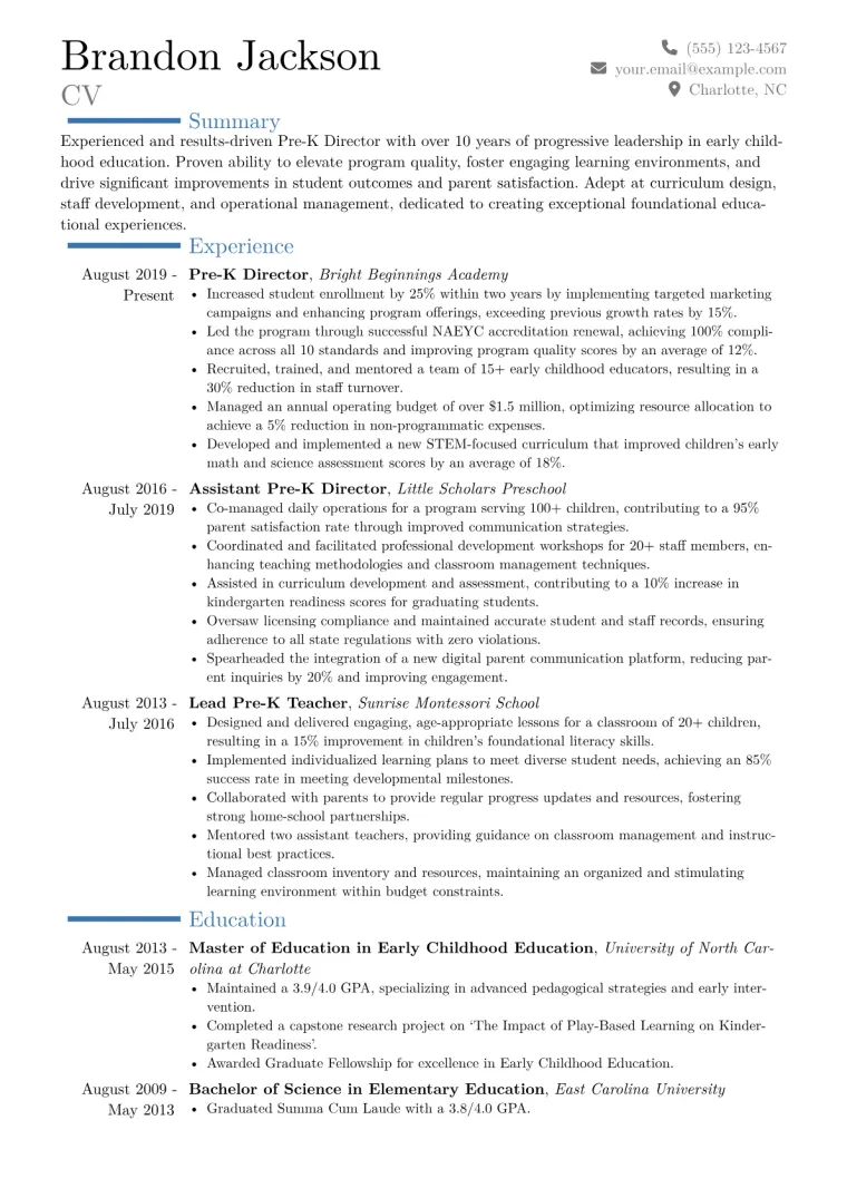 Pre-K Director Resume Example CV template preview