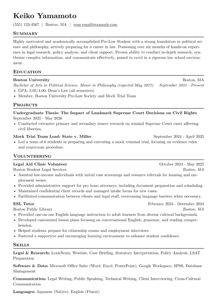 Pre-Law Student Resume Example preview