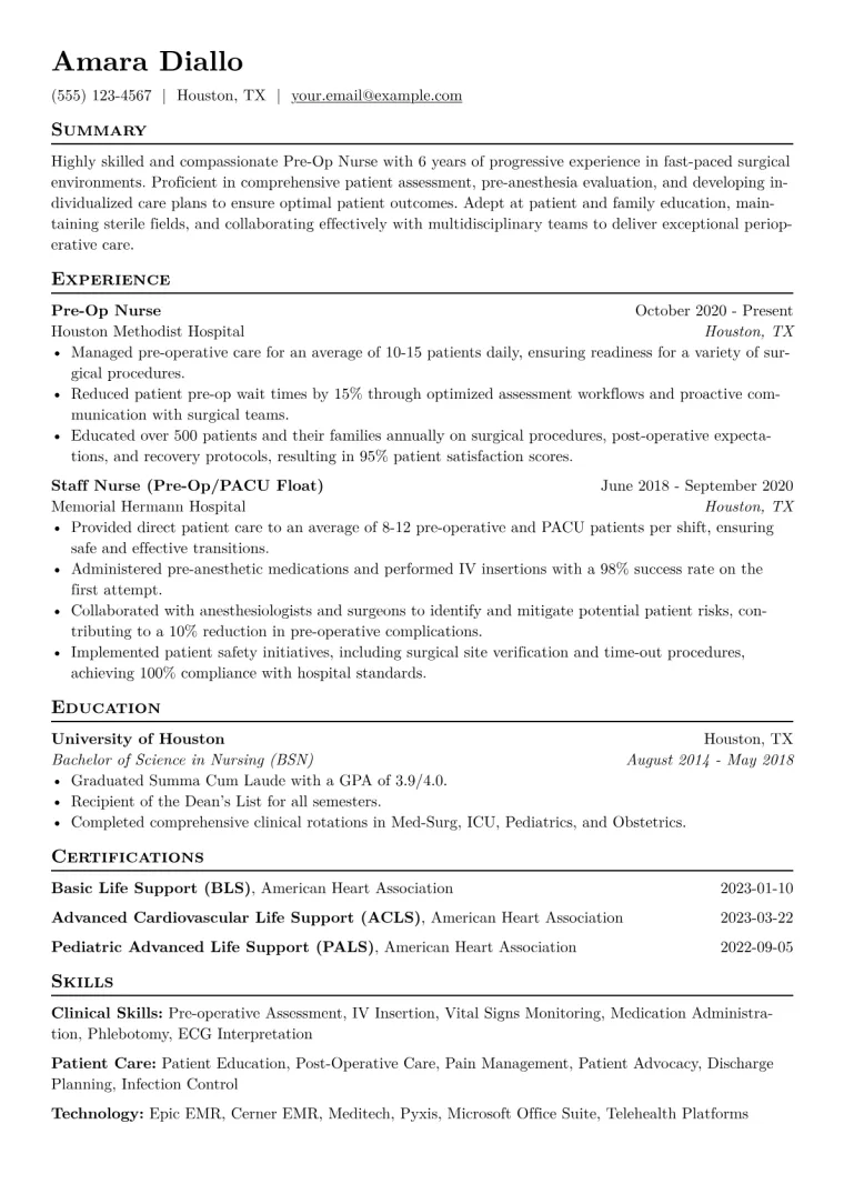 Pre-Op Nurse Resume Example CV template preview
