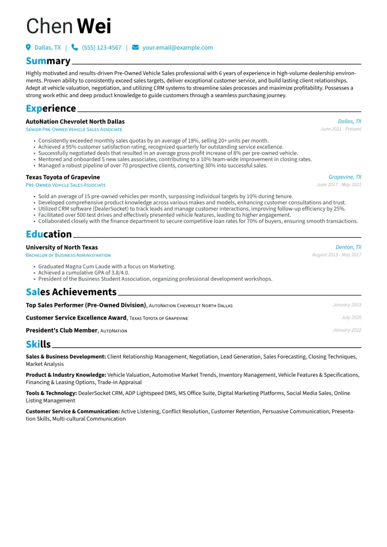 Pre-Owned Vehicle Sales Resume Example CV template preview