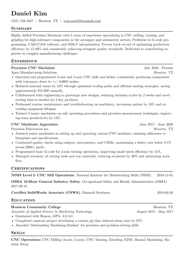 Precision Machinist Resume Example CV template preview
