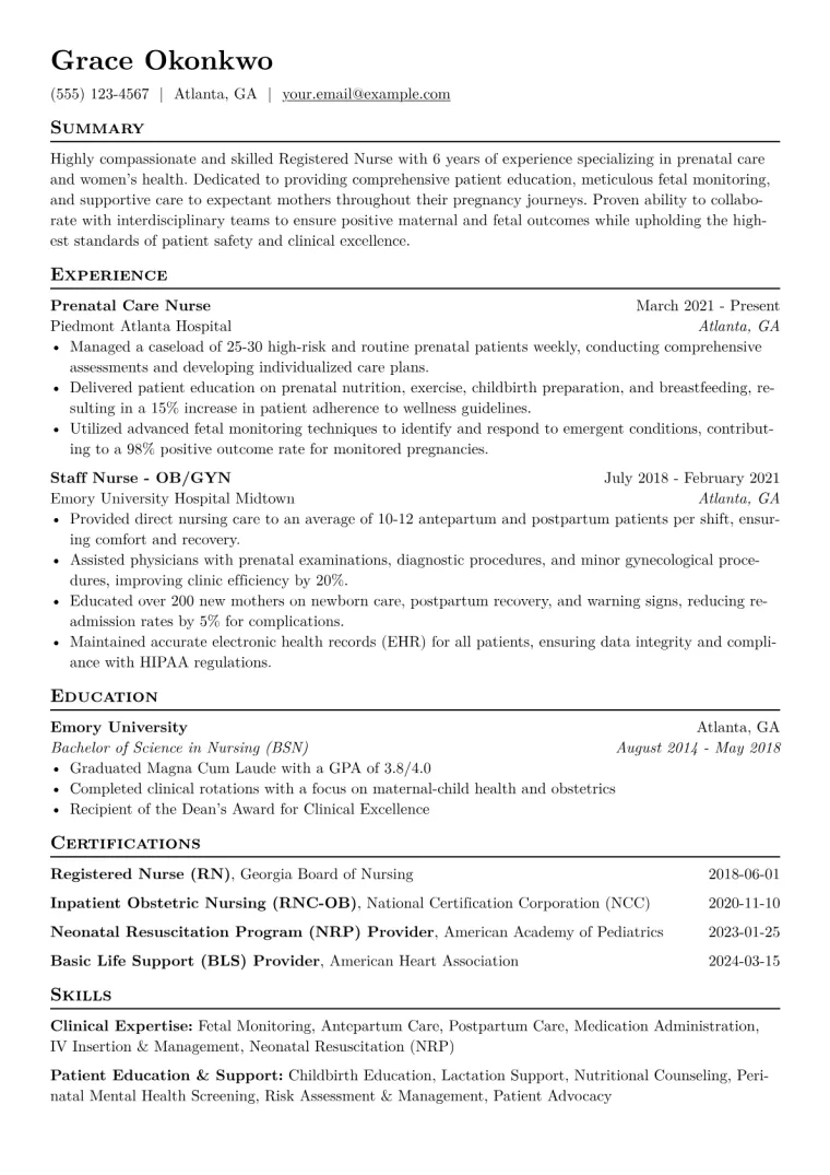 Prenatal Nurse Resume Example CV template preview