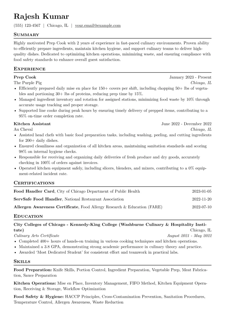 Prep Cook Resume Example CV template preview