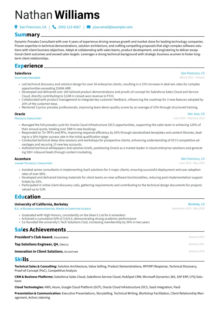 Presales Consultant Resume Example CV template preview