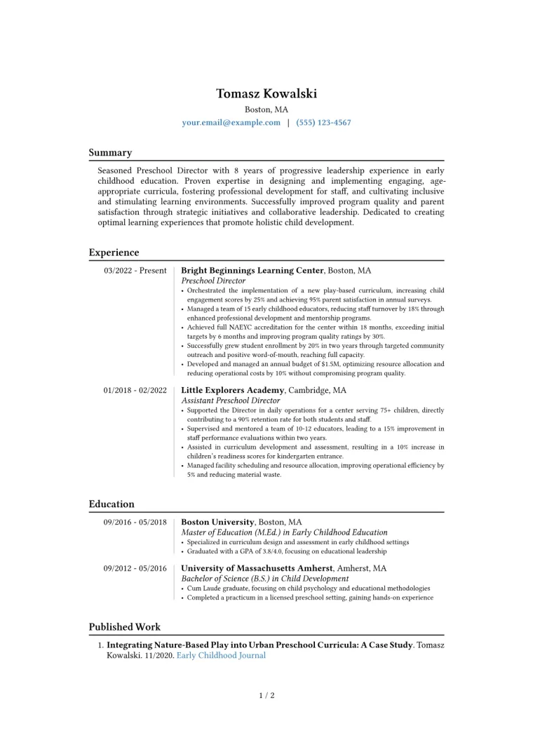 Preschool Director Resume Example CV template preview