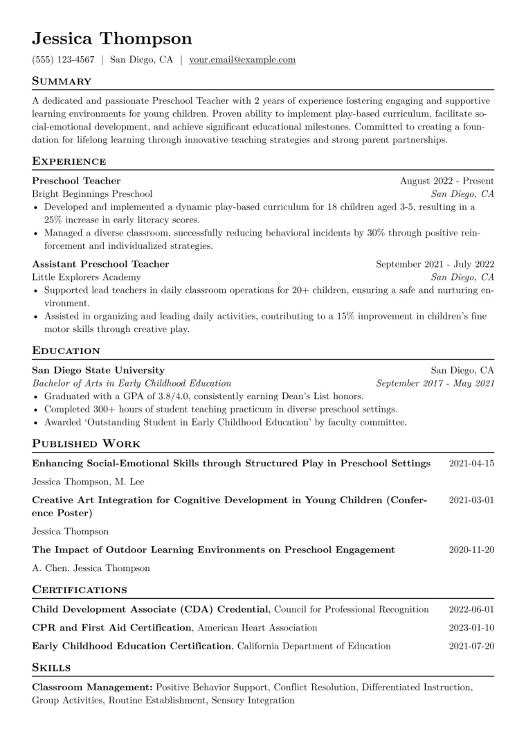 Preschool Teacher Resume Example CV template preview