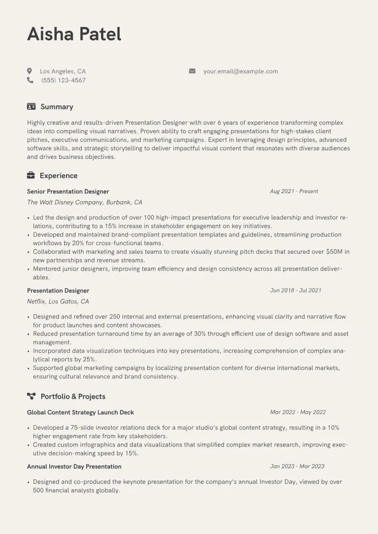Presentation Designer Resume Example CV template preview