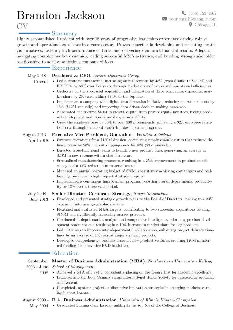 President Resume Example CV template preview