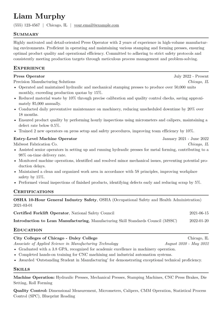 Press Operator Resume Example CV template preview