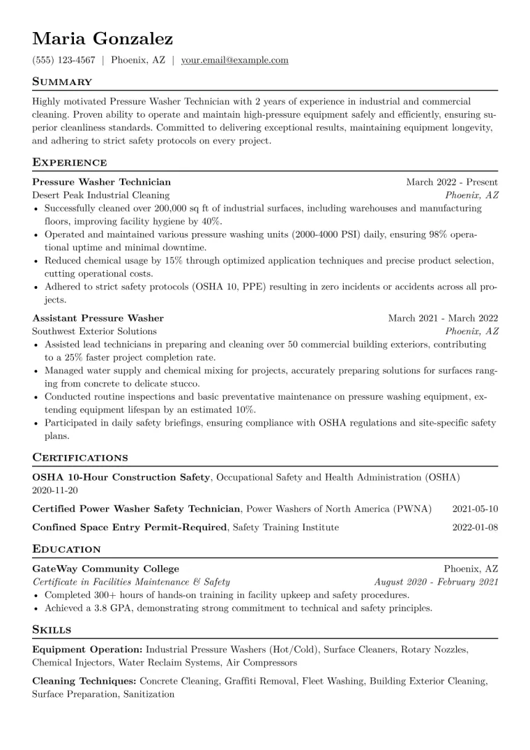 Pressure Washer Technician Resume Example CV template preview
