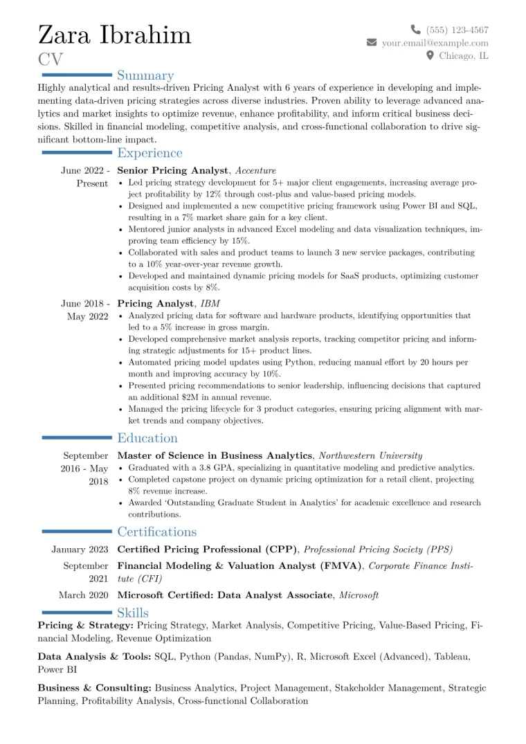 Pricing Analyst Resume Example CV template preview
