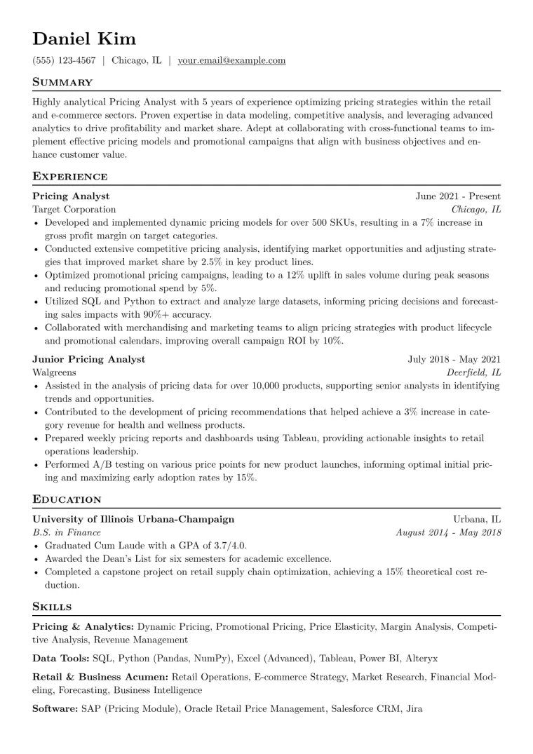 Pricing Analyst Retail Resume Example CV template preview