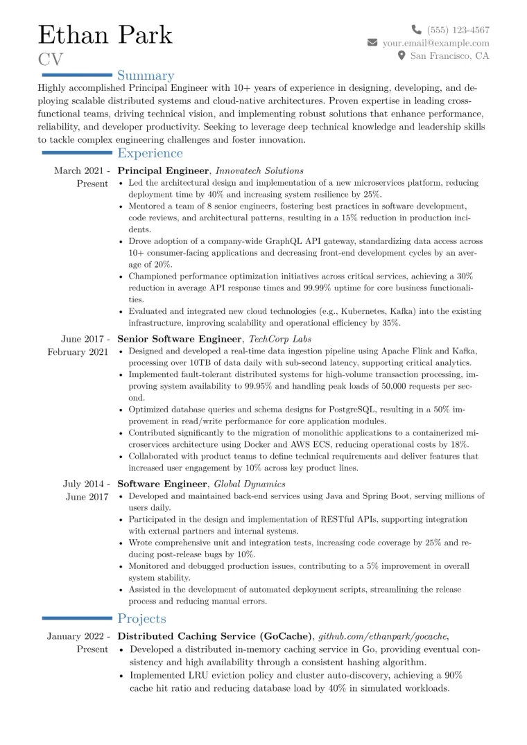 Principal Engineer Resume Example CV template preview