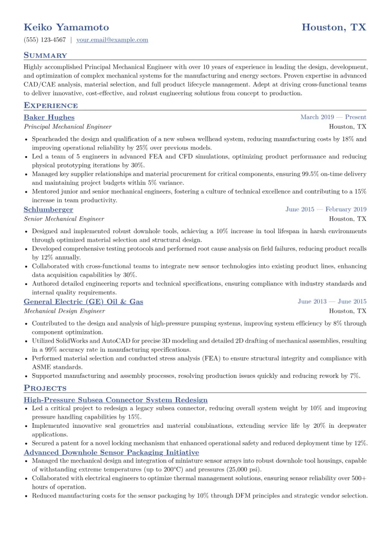 Principal Mechanical Engineer Resume Example CV template preview