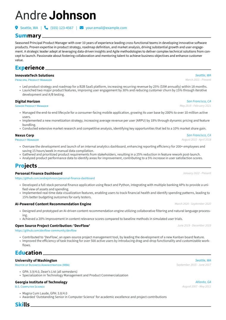 Principal Product Manager Resume Example CV template preview