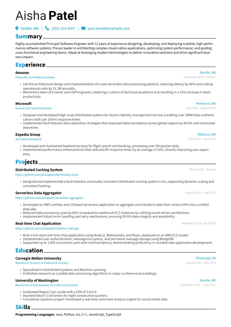 Principal Software Engineer Resume Example CV template preview