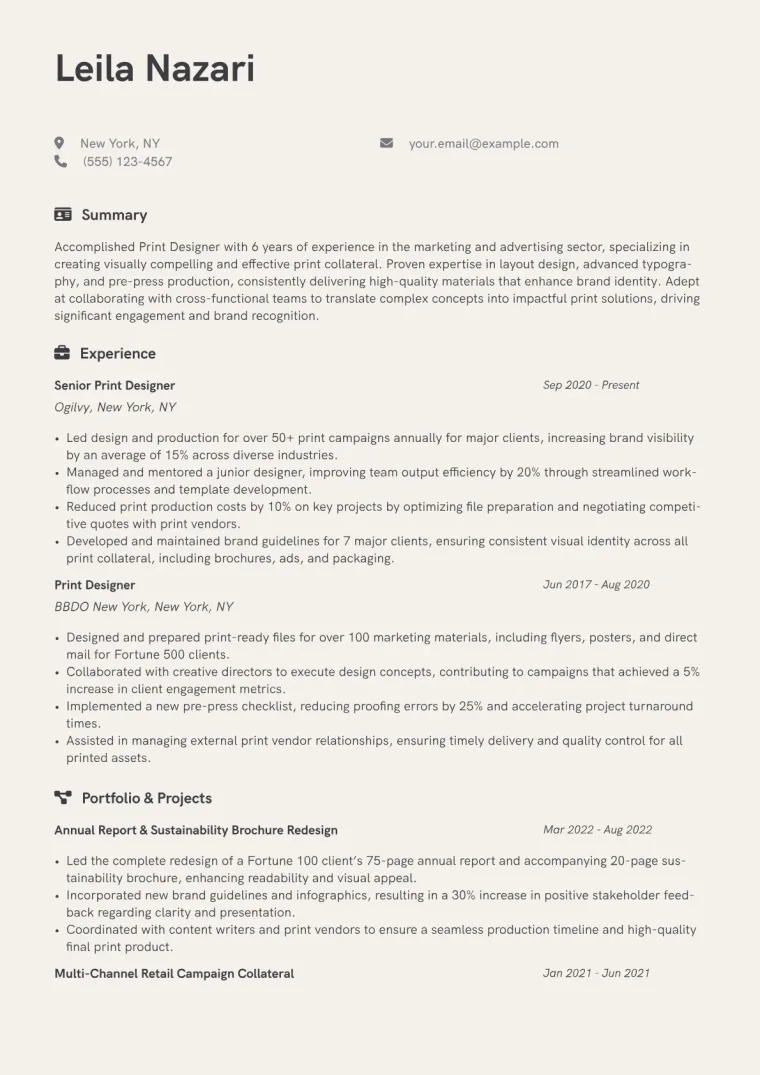 Print Designer Resume Example CV template preview