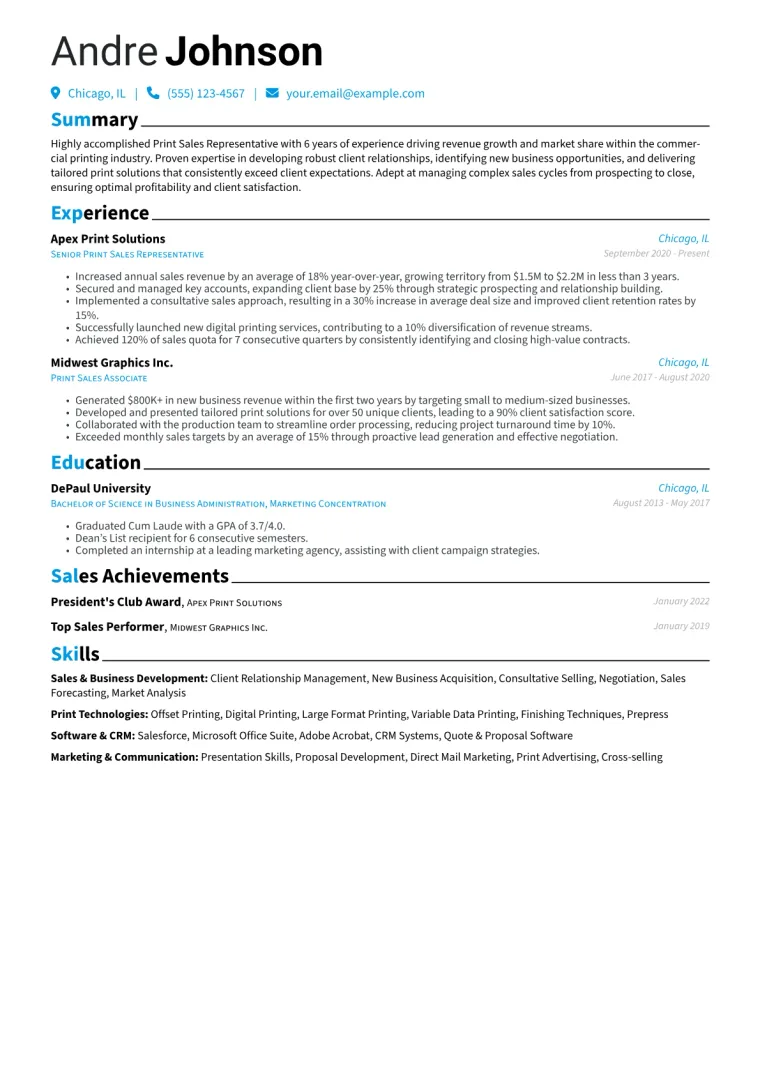Print Sales Representative Resume Example CV template preview