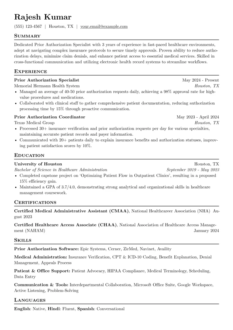 Prior Authorization Specialist Resume Example CV template preview